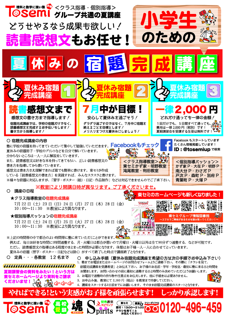 小学生のための夏の宿題完成講座 大分の塾 個別指導なら東セミ プロ講師の学習