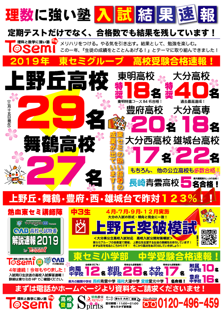 2019 高校入試合格速報 | 大分の塾・個別指導なら東セミ・プロ講師の学習